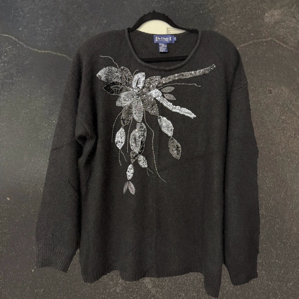 Vintage Black Scoop Sequin Sweater | Le Chois | Silk & Angora Blend